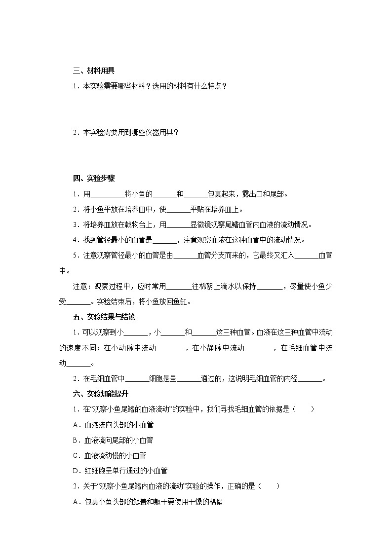 初中生物中考复习 初中生物实验突破（通用版）：观察小鱼尾鳍内血液的流动导学案02