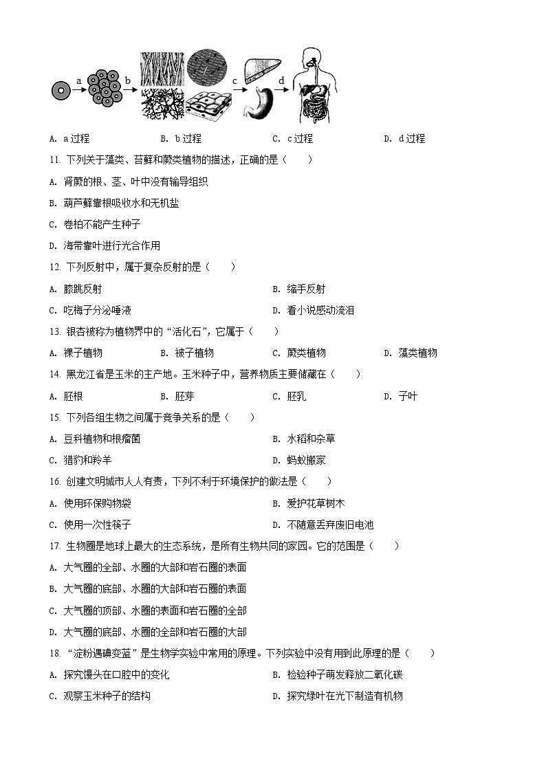 初中生物中考复习 精品解析：黑龙江省龙东地区2021年中考生物试题（原卷版）02
