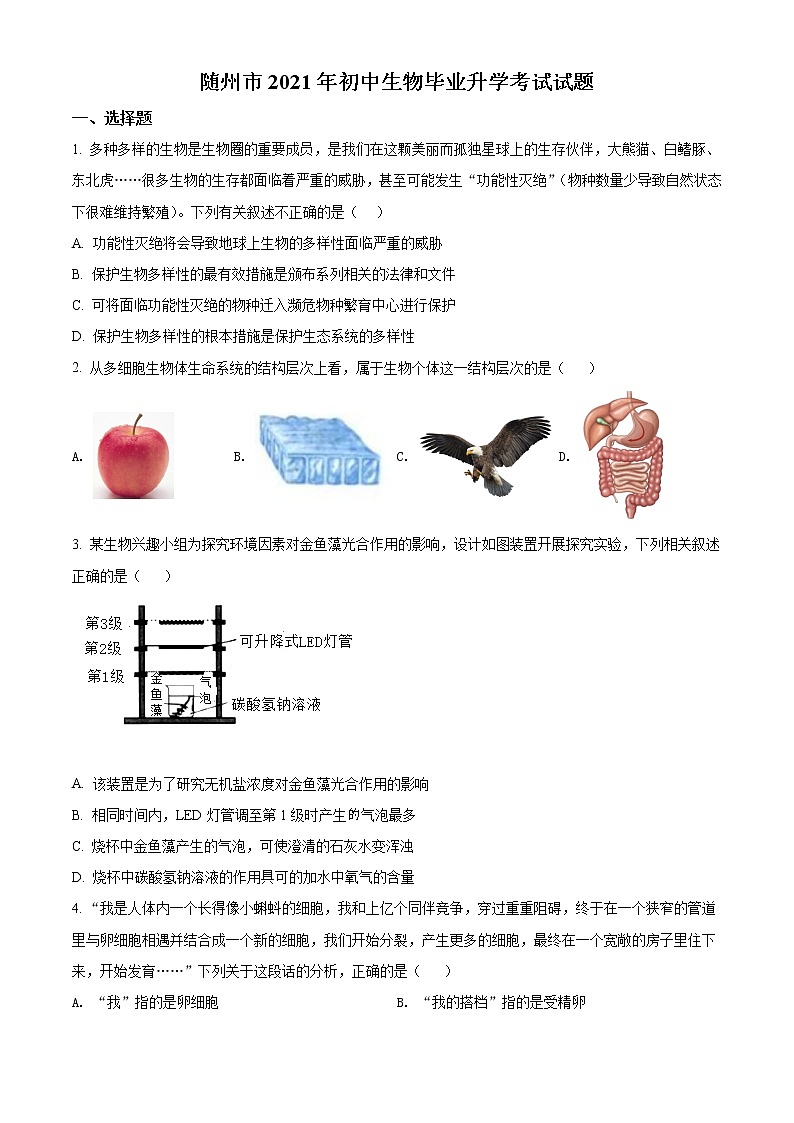 初中生物中考复习 精品解析：湖北省随州市中考2021年中考生物试题（原卷版）01