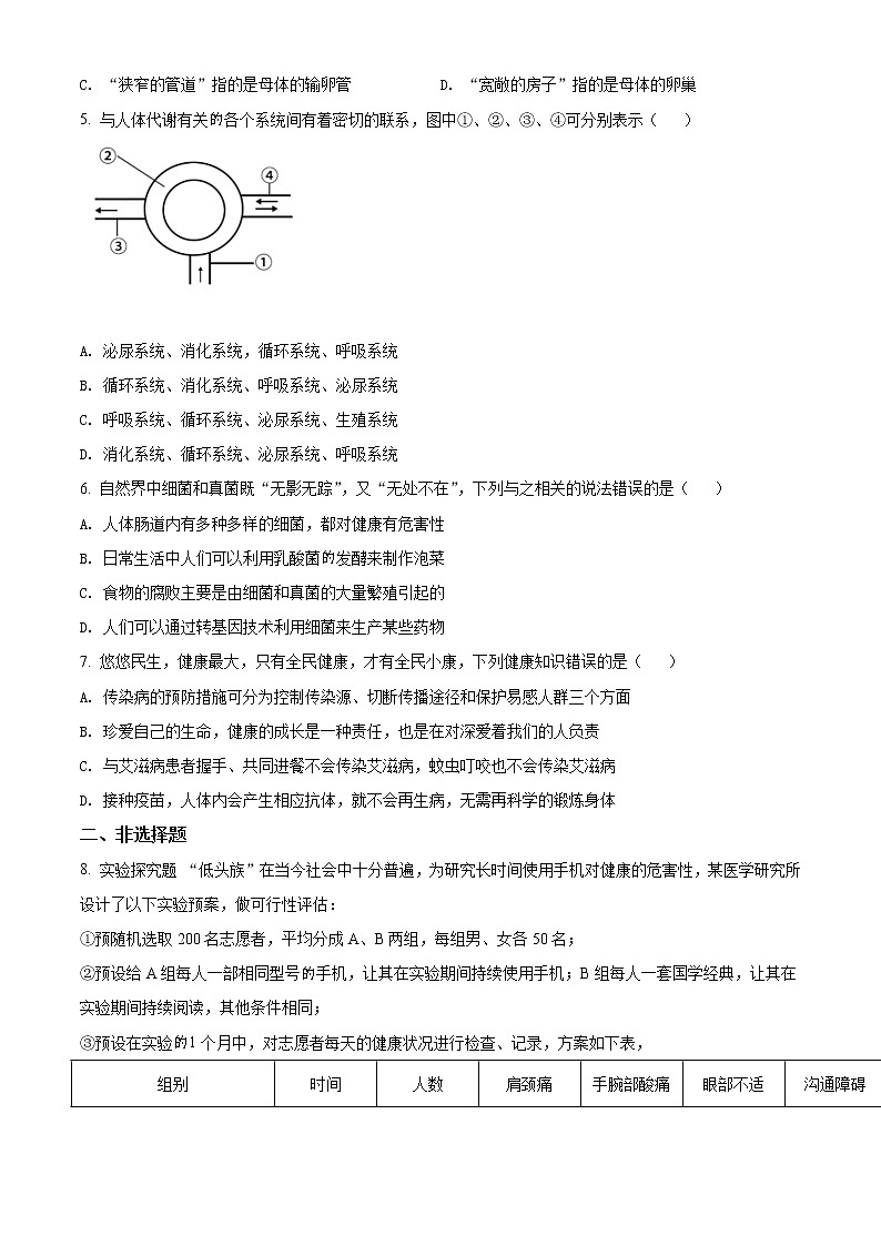 初中生物中考复习 精品解析：湖北省随州市中考2021年中考生物试题（原卷版）02