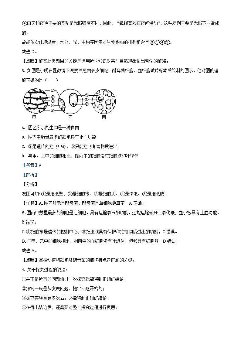 初中生物中考复习 精品解析：湖北省宜昌市2020年中考生物试题（解析版）02