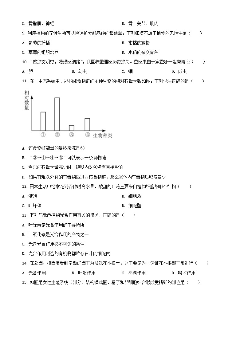 初中生物中考复习 精品解析：湖南省郴州市2020年中考生物试题（原卷版）02