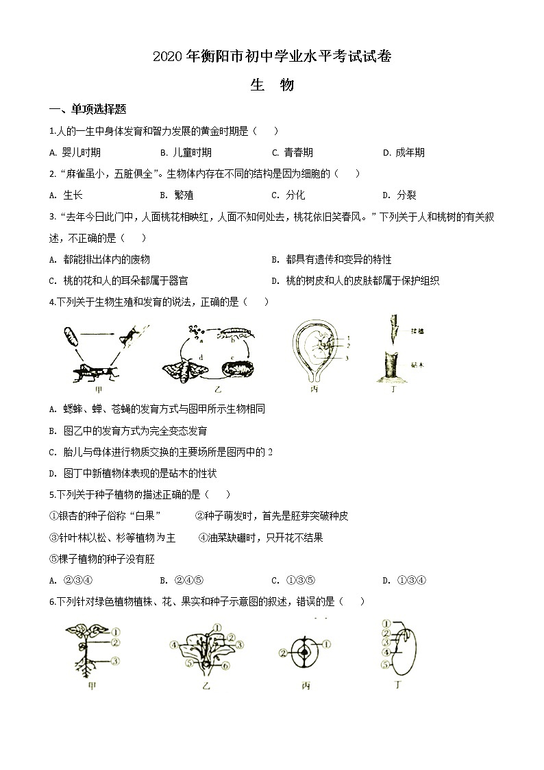 初中生物中考复习 精品解析：湖南省衡阳市2020中考生物试题（原卷版）第1页