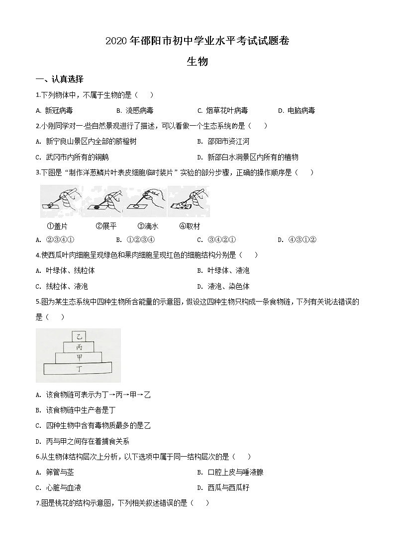 初中生物中考复习 精品解析：湖南省邵阳市2020年中考生物试题（原卷版）第1页