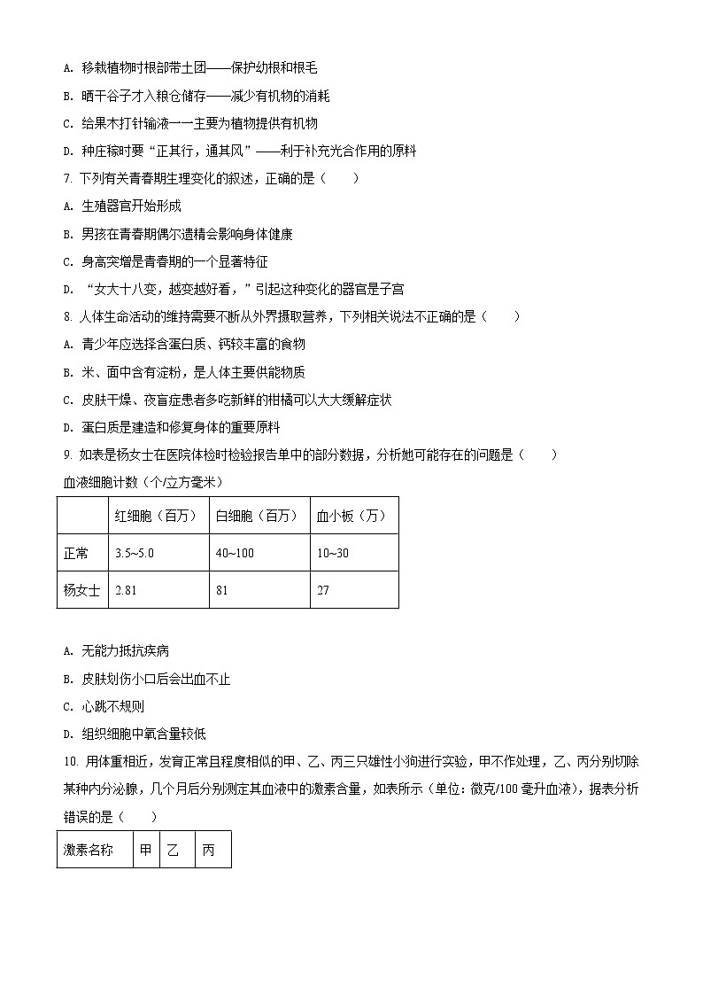 初中生物中考复习 精品解析：湖南省湘潭市2021年中考生物试题（原卷版）第2页