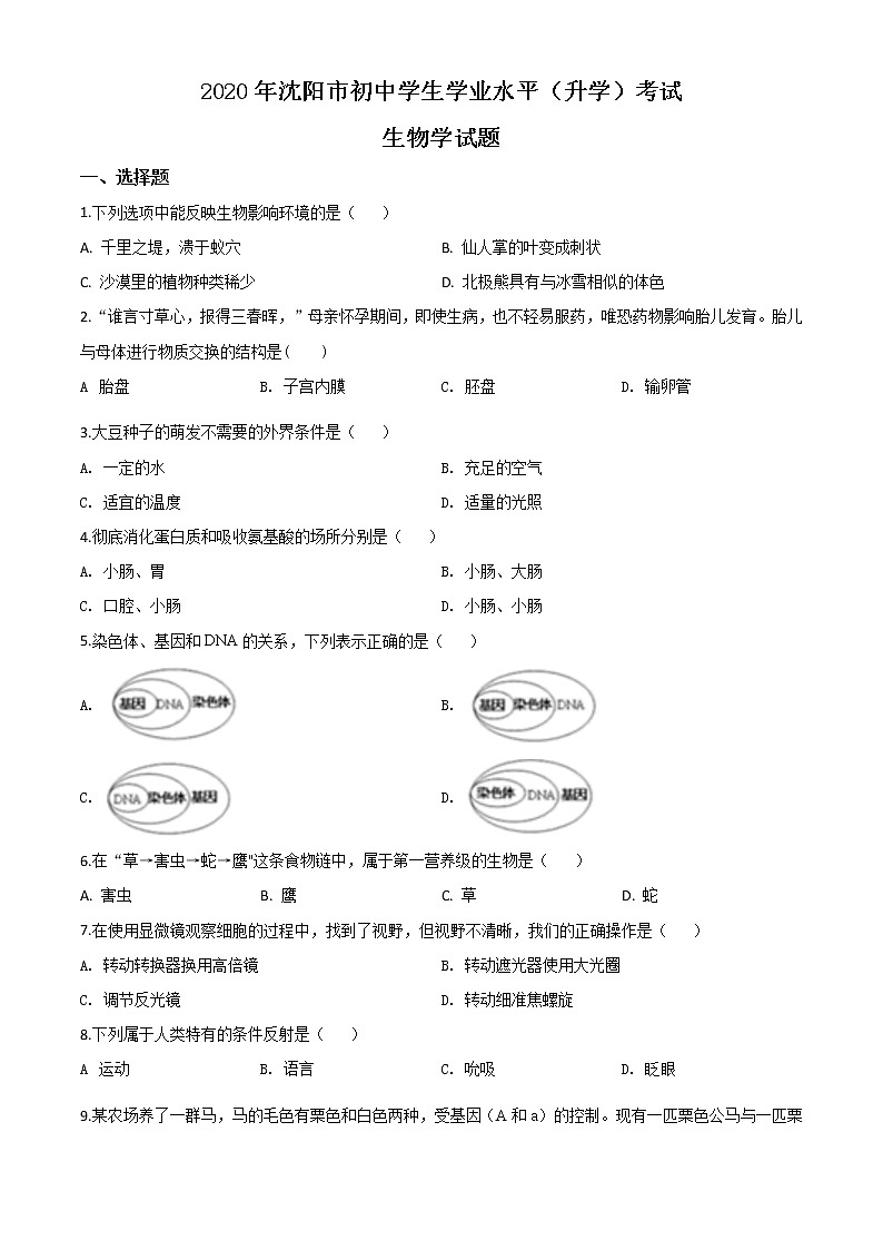 初中生物中考复习 精品解析：辽宁省沈阳市2020年中考生物试题（原卷版）01