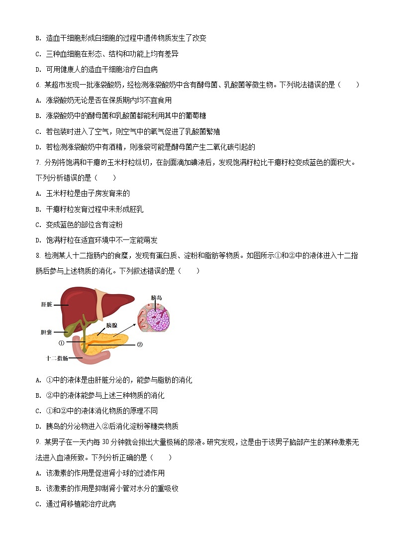 初中生物中考复习 精品解析：内蒙古包头市2021年中考生物试题（原卷版）02