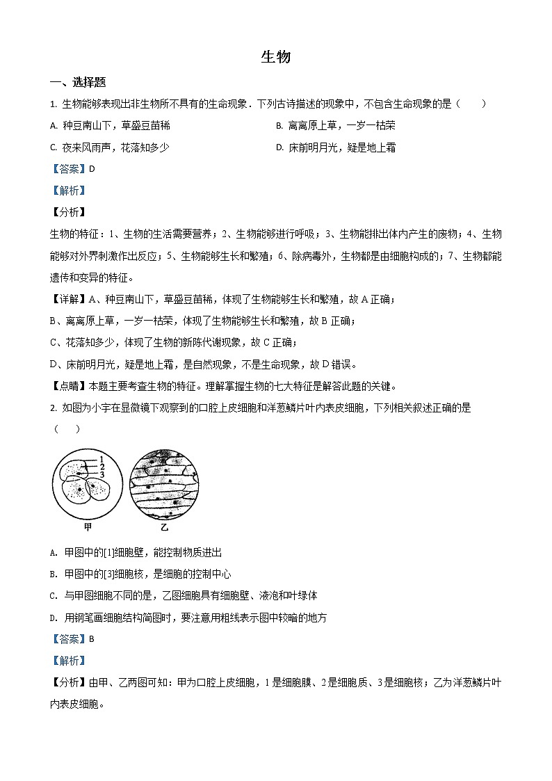 初中生物中考复习 精品解析：内蒙古赤峰市2020年中考生物试题（解析版）01