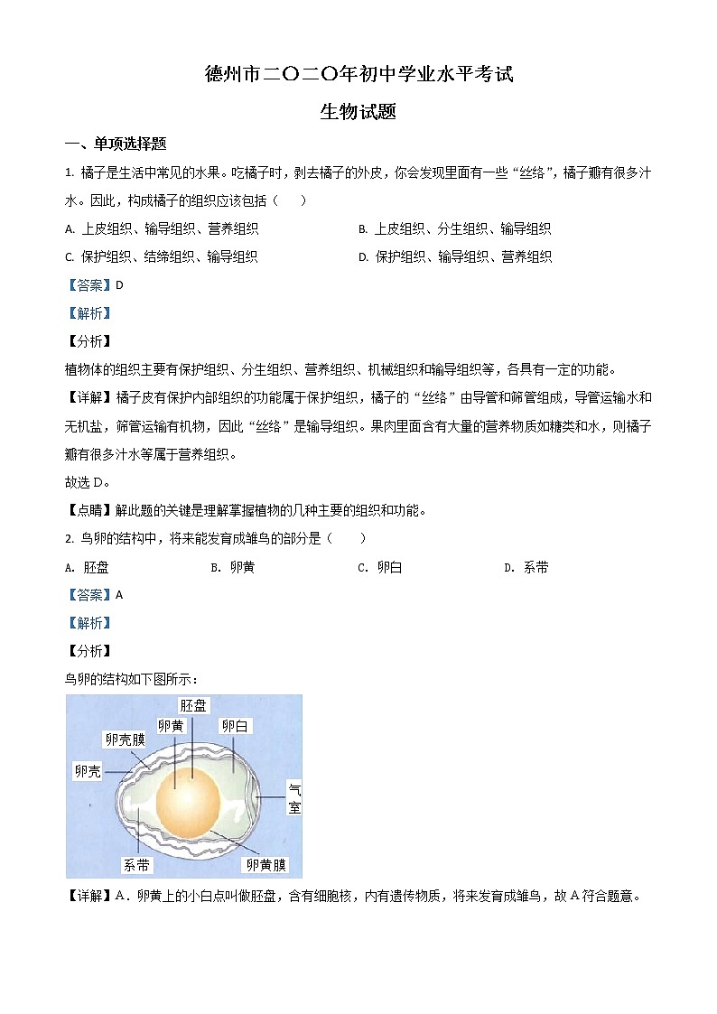 初中生物中考复习 精品解析：山东省德州市2020中考生物试题（解析版）01