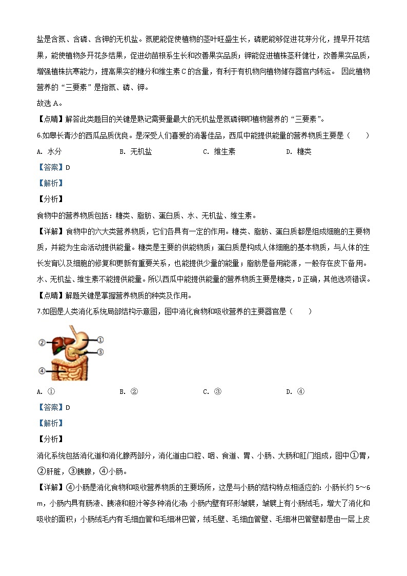 初中生物中考复习 精品解析：江苏省南通市2020年会考生物试题（解析版）03