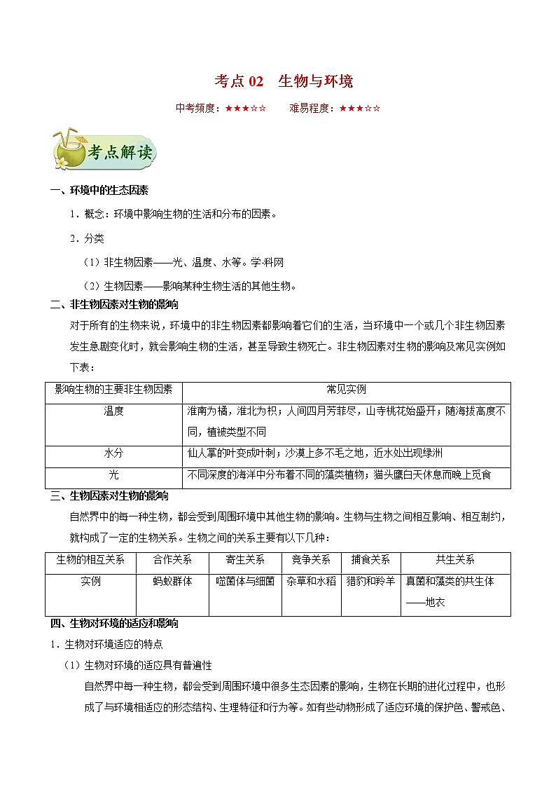 初中生物中考复习 考点02 生物与环境-备战2019年中考生物考点一遍过 试卷01