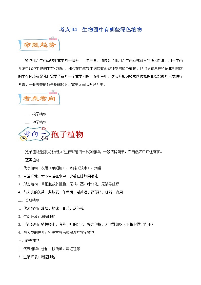 初中生物中考复习 考点04  生物圈中有哪些绿色植物（考点详解）-备战2021年中考生物考点微专题01