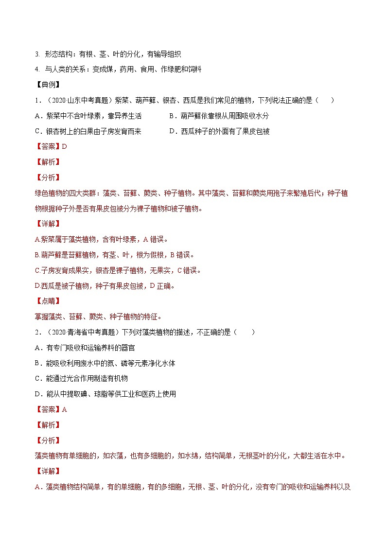 初中生物中考复习 考点04  生物圈中有哪些绿色植物（考点详解）-备战2021年中考生物考点微专题02