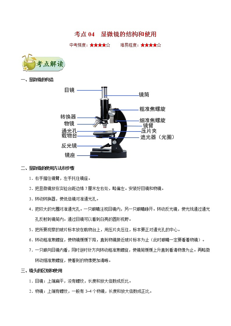 初中生物中考复习 考点04 显微镜的结构和使用-备战2021年中考生物考点一遍过 试卷01