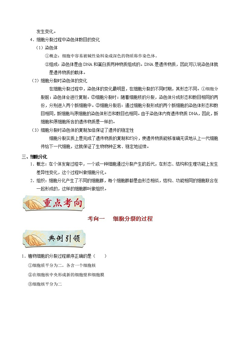初中生物中考复习 考点07 细胞的生长、分裂与分化-备战2021年中考生物考点一遍过 试卷02