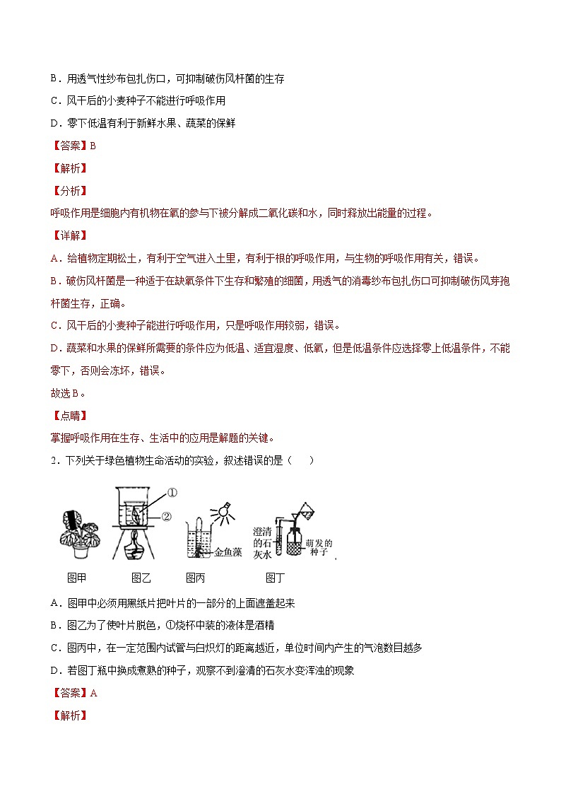 初中生物中考复习 考点10  绿色植物的呼吸作用（考点详解）-备战2021年中考生物考点微专题02