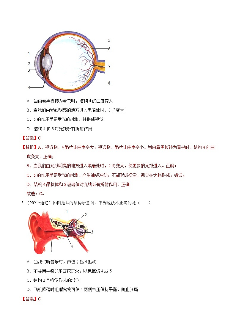初中生物中考复习 考点15 人体对外界环境的感知-备战2022年中考生物一轮复习考点微专题第2页