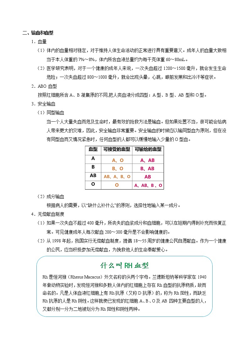 初中生物中考复习 考点22 血液-备战2021年中考生物考点一遍过 试卷02