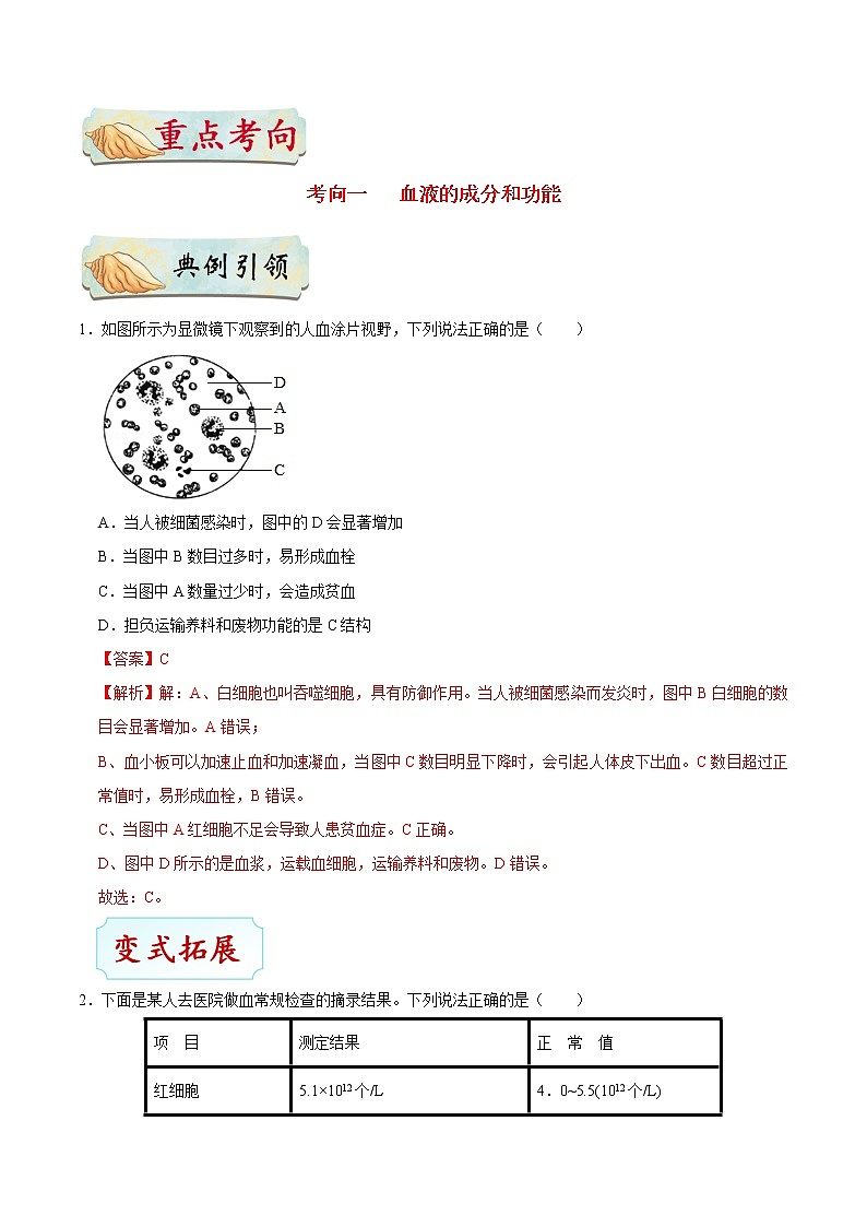 初中生物中考复习 考点22 血液-备战2021年中考生物考点一遍过 试卷03