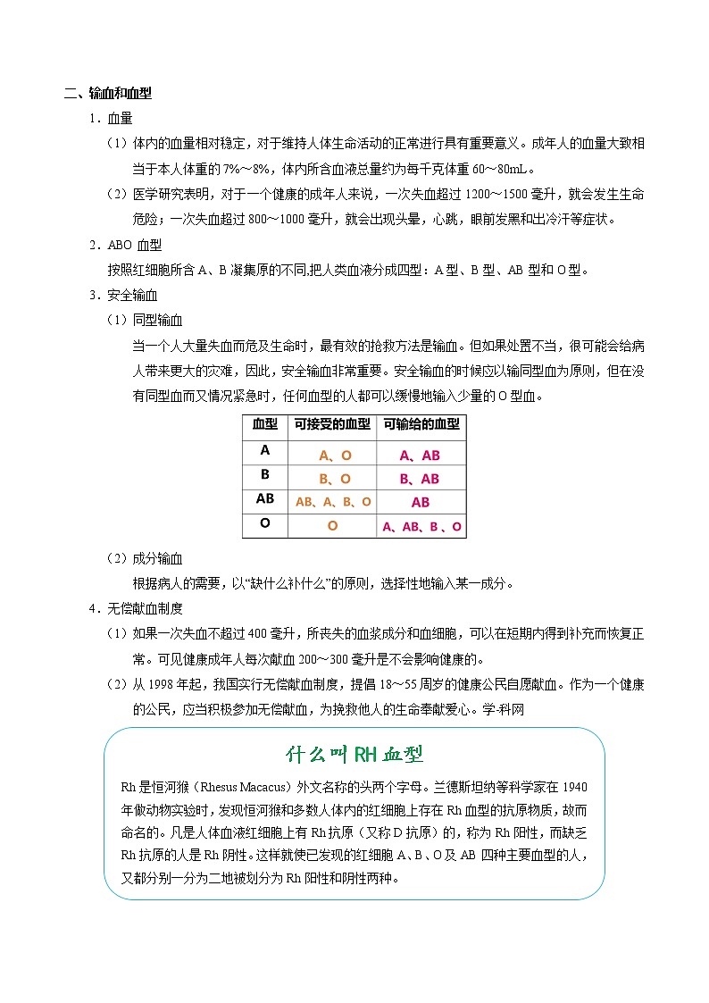 初中生物中考复习 考点23 血液-备战2019年中考生物考点一遍过 试卷02