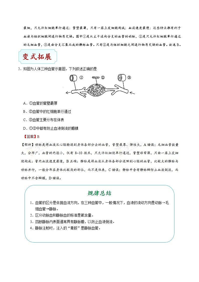 初中生物中考复习 考点24 血管-备战2019年中考生物考点一遍过第3页