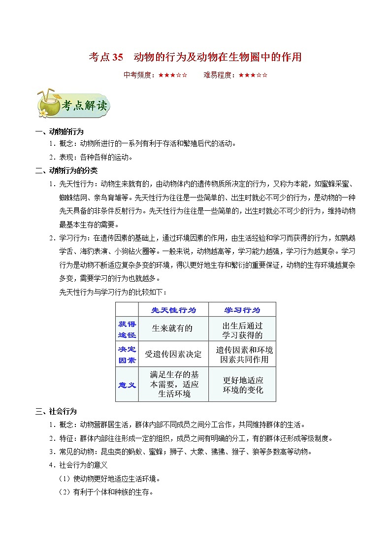 初中生物中考复习 考点35 动物的行为及动物在生物圈中的作用-备战2019年中考生物考点一遍过第1页