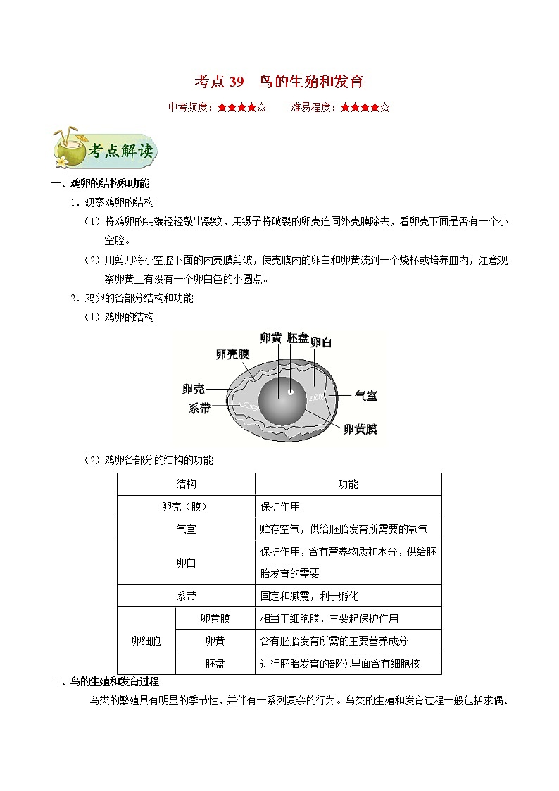 初中生物中考复习 考点39 鸟的生殖和发育-备战2021年中考生物考点一遍过第1页