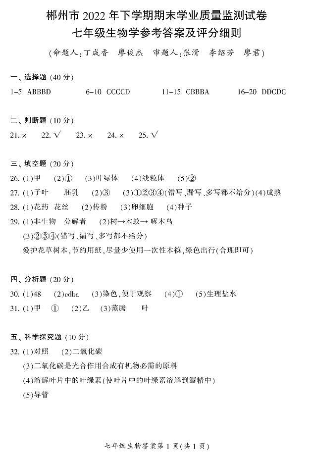 郴州市2022年下学期期末学业质量检测试卷（生物）01