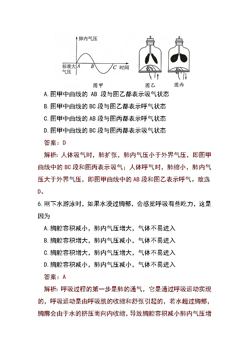 4.3.2 发生在肺内的气体交换（第1课时）（同步练习）（含答案解析）第3页