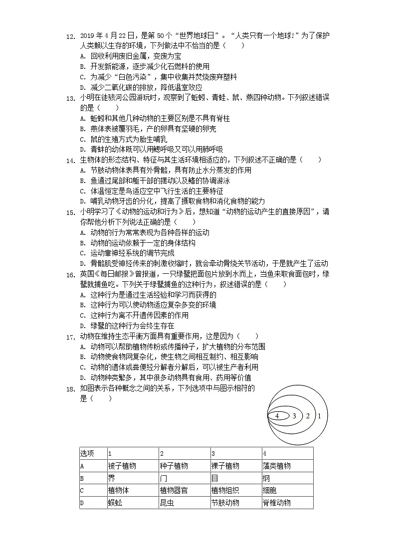 初中生物中考复习 山东省聊城市莘县2019年中考生物二模试卷（含解析）第3页