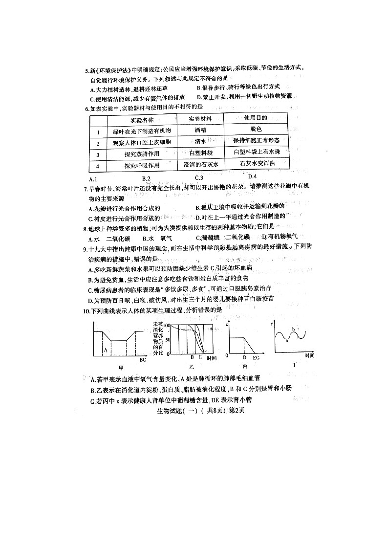 初中生物中考复习 山东省阳谷市2019初中生物第一次模拟考试试题（扫描版）02