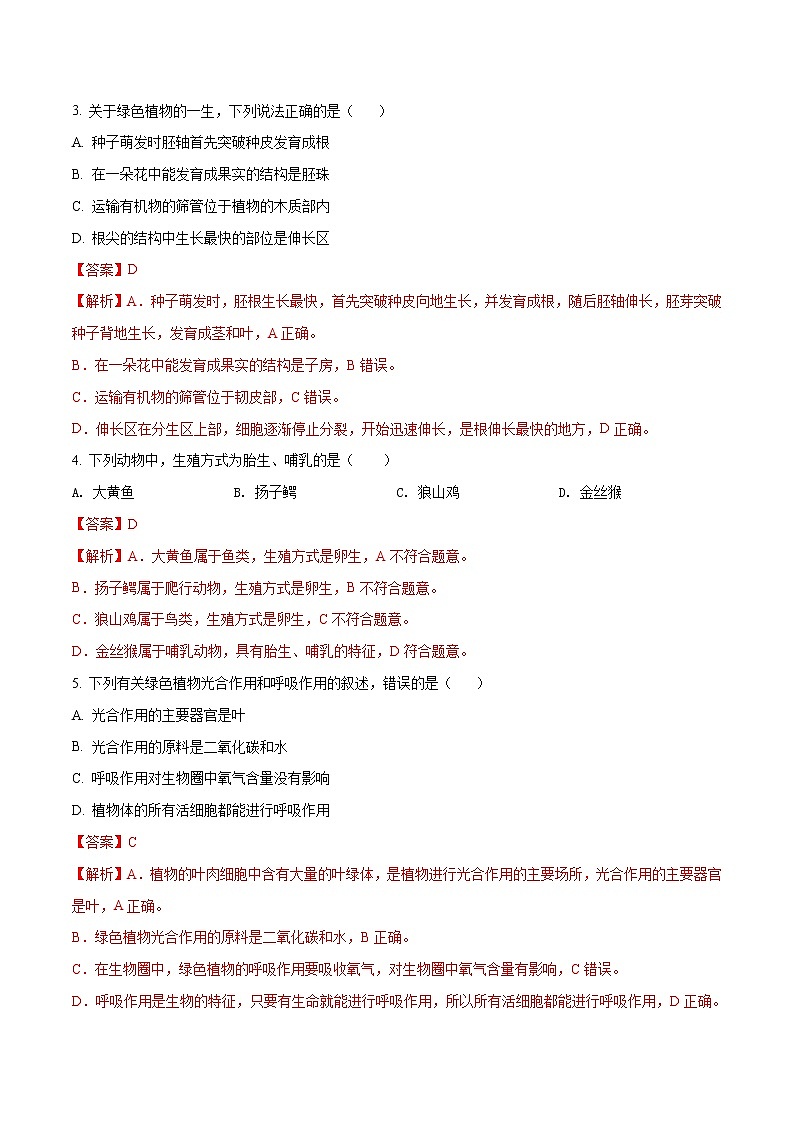 初中生物中考复习 生物-（ 人教版）【试题猜想】2021年中考考前最后一卷（全解全析）02