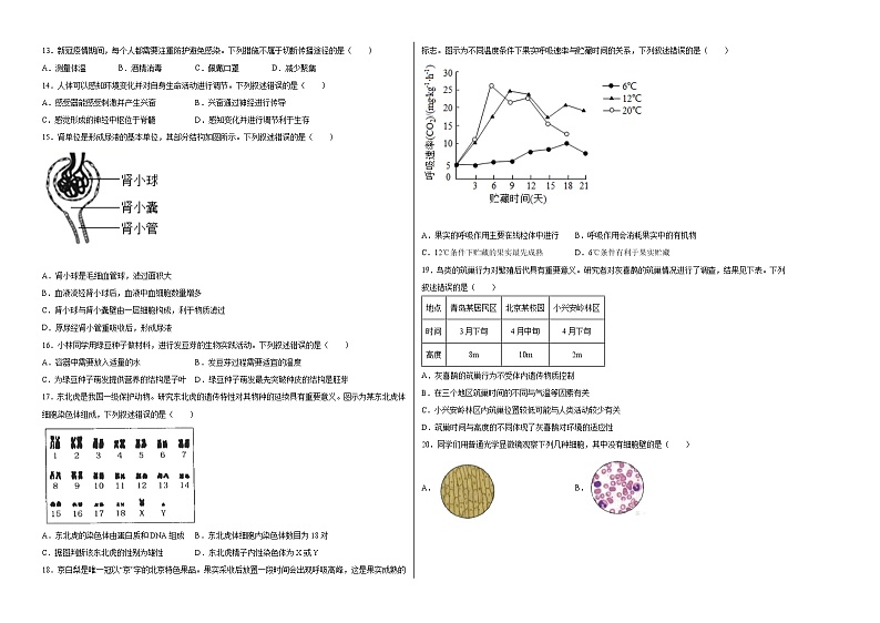 初中生物中考复习 生物-（北京卷）【试题猜想】2021年中考考前最后一卷（考试版）02