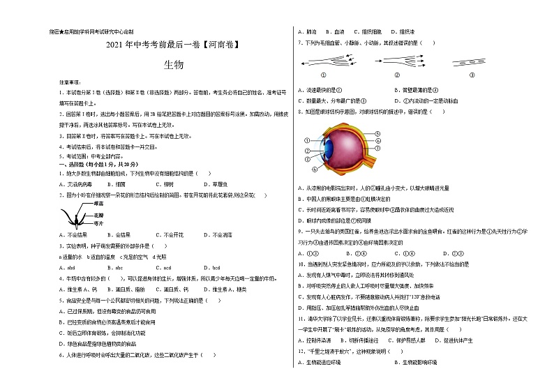 初中生物中考复习 生物-（河南卷）【试题猜想】2021年中考考前最后一卷（考试版）第1页