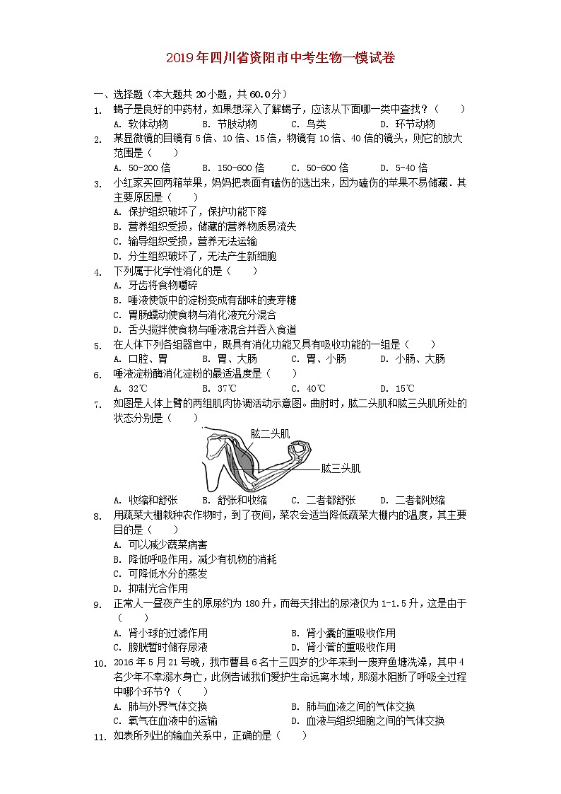 初中生物中考复习 四川省资阳市2019年中考生物一模试卷（含解析）第1页