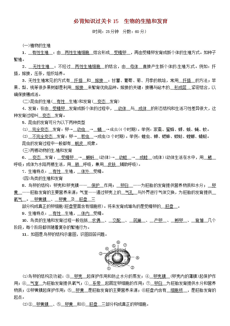 初中生物中考复习 中考生物总复习必背知识过关卡15生物的生殖和发育 试卷01