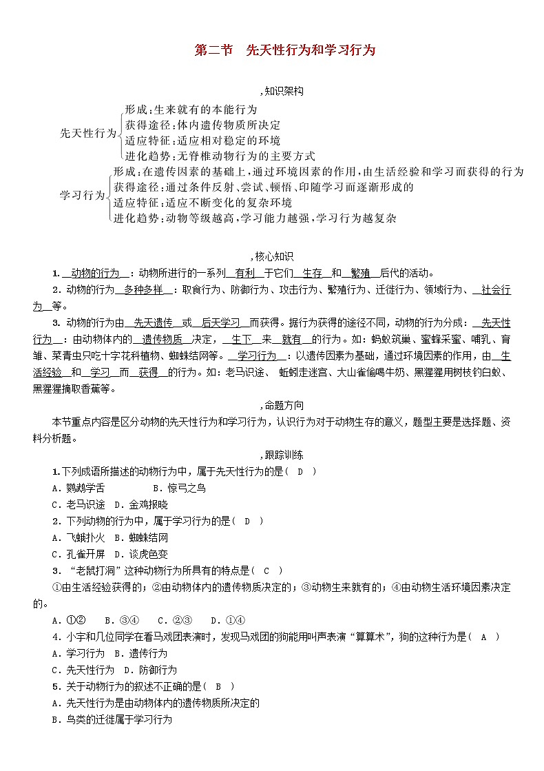 初中生物中考复习 中考生物总复习第2节先天性行为和学习行为精讲第1页