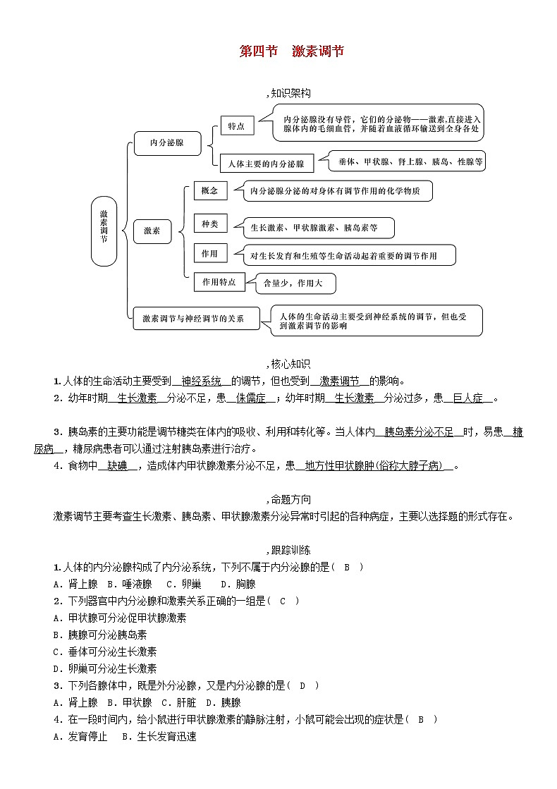初中生物中考复习 中考生物总复习第4节激素调节精讲 试卷01