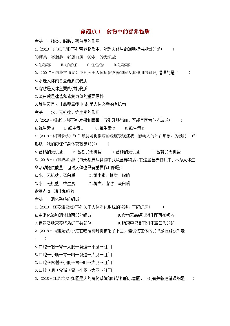 初中生物中考复习 中考生物总复习第一部分基醇点巩固第四单元生物圈中的人第二章人体的营养习题01