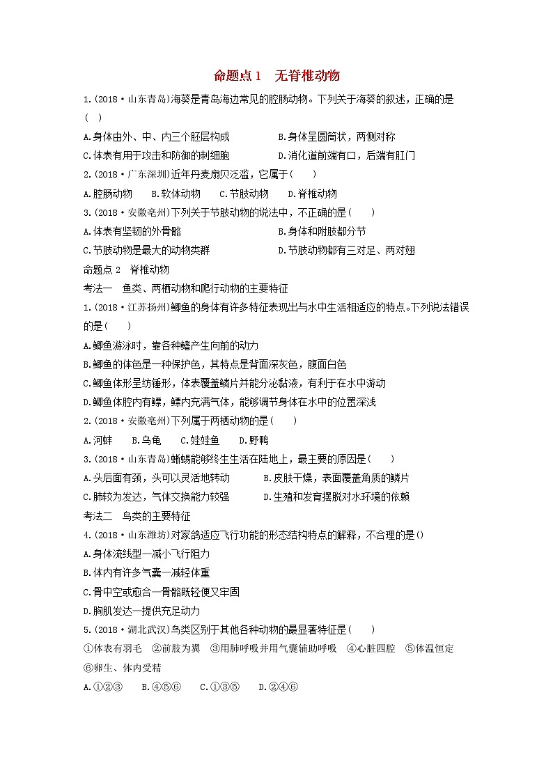 初中生物中考复习 中考生物总复习第一部分基醇点巩固第五单元生物圈中的其他生物第一章动物的主要类群习题第1页