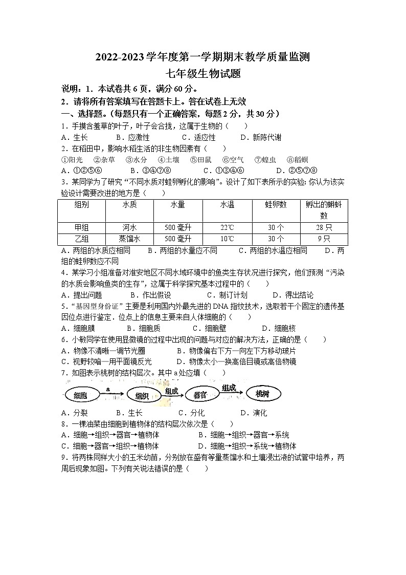 河北省邯郸市鸡泽县2022-2023学年七年级上学期期末生物试题01