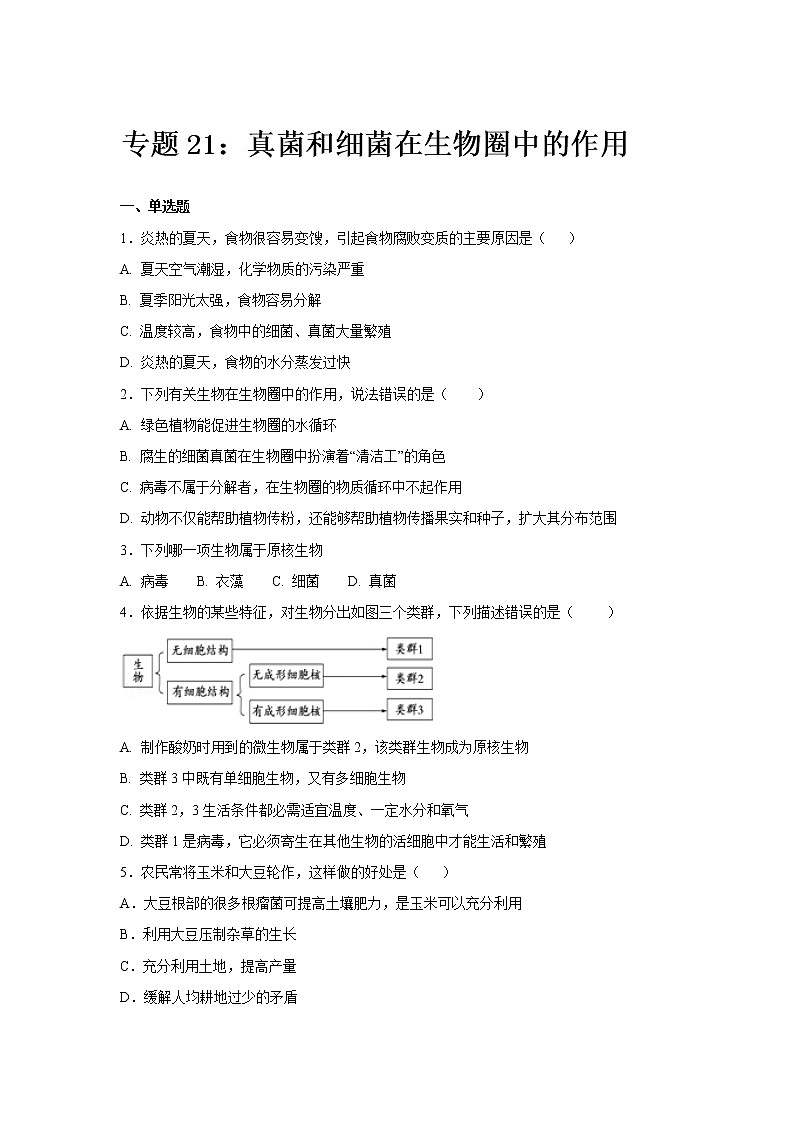 初中生物中考复习 中考生物会考复习专项训练21：真菌和细菌在生物圈中的作用（基础版，含详解）第1页