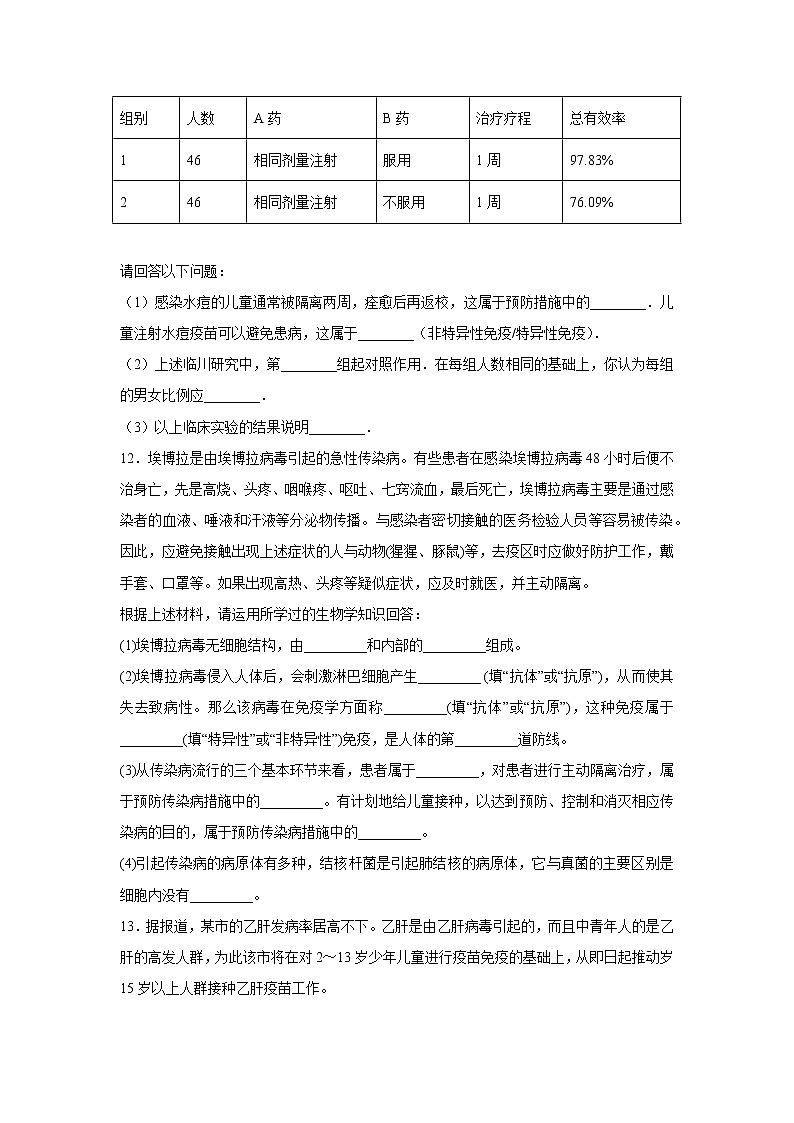初中生物中考复习 中考生物会考复习专项训练28：传染病和免疫（基础版，含详解）03