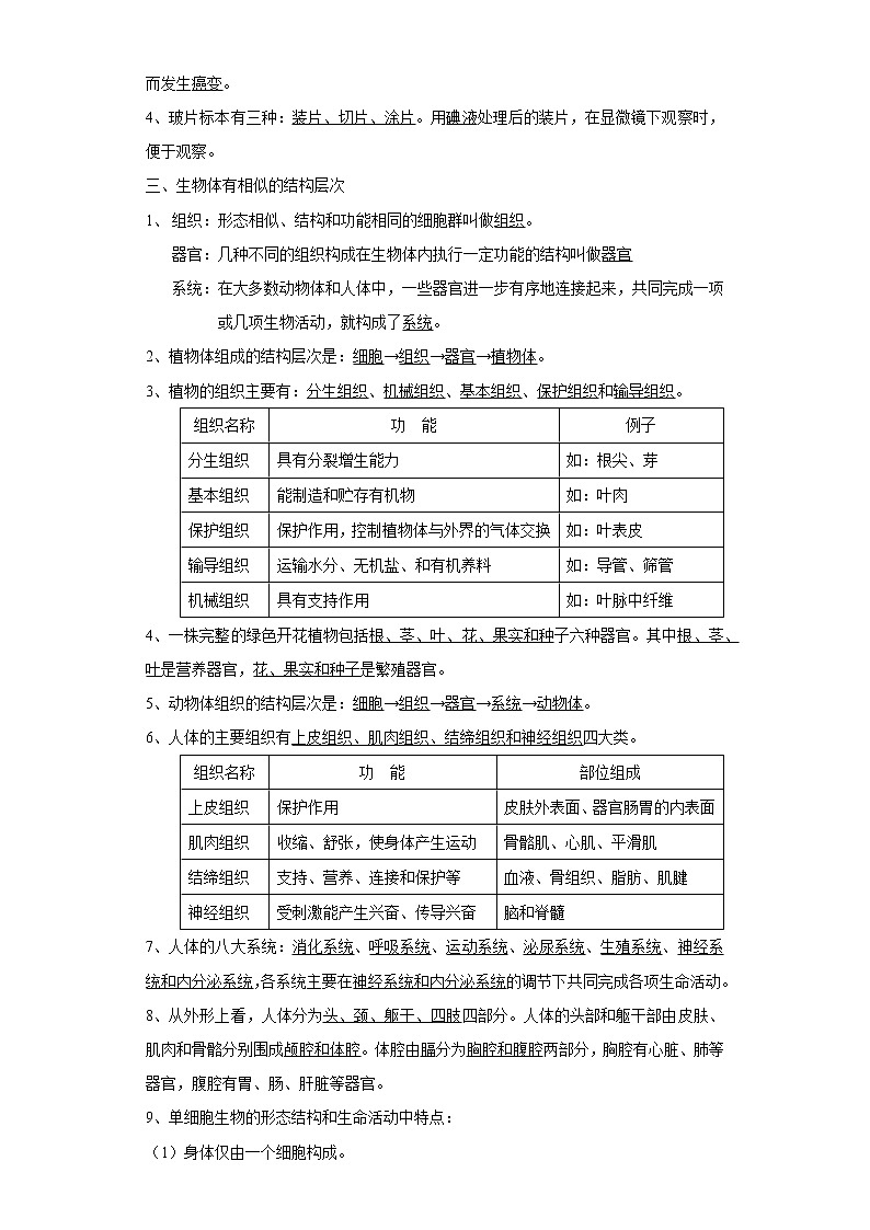备战2023生物新中考二轮复习重难突破（浙江专用）专题01 生物体的结构层次02