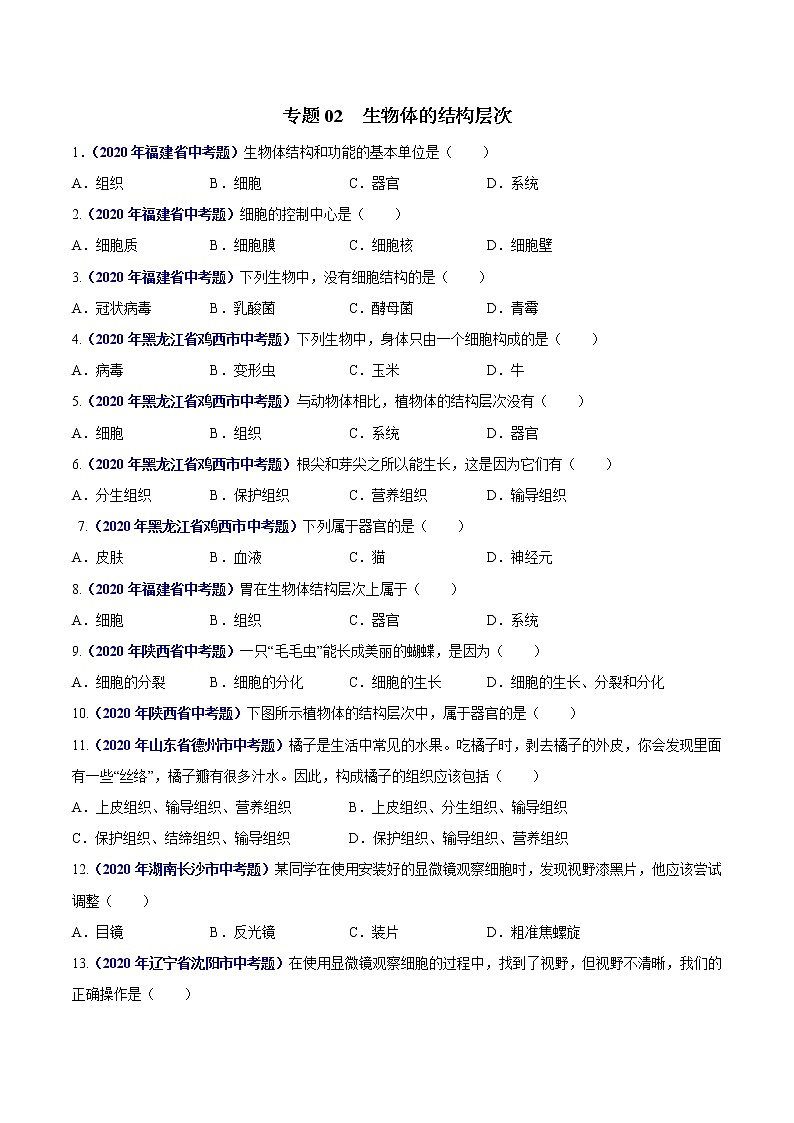 初中生物中考复习 专题02 生物体的结构层次-2020年中考生物真题分项汇编（全国通用）（原卷版）01