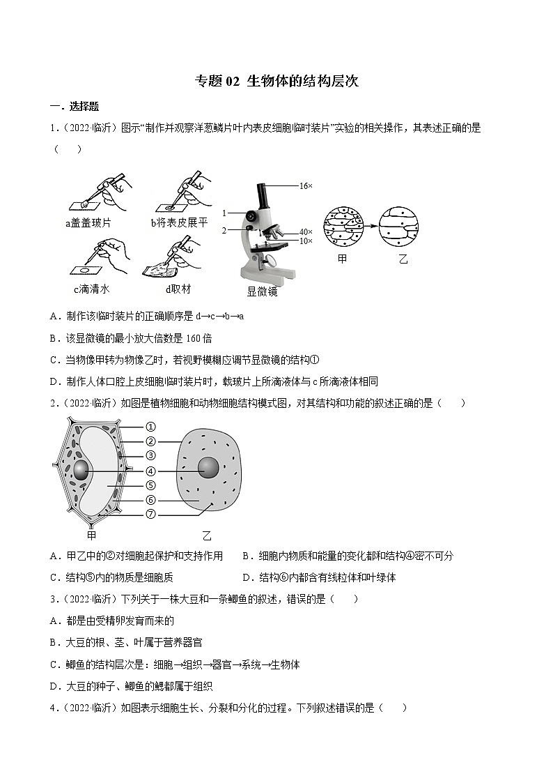 初中生物中考复习 专题02 生物体的结构层次-2022年中考生物真题分项汇编 （全国通用）（原卷版）第1页