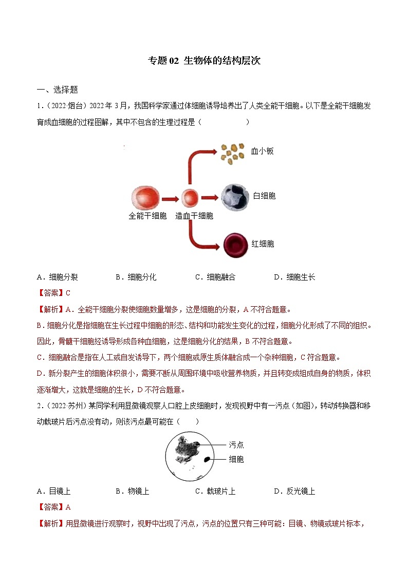 初中生物中考复习 专题02 生物体的结构层次-三年（2020-2022）中考生物真题分项汇编（全国通用）（解析版）第1页