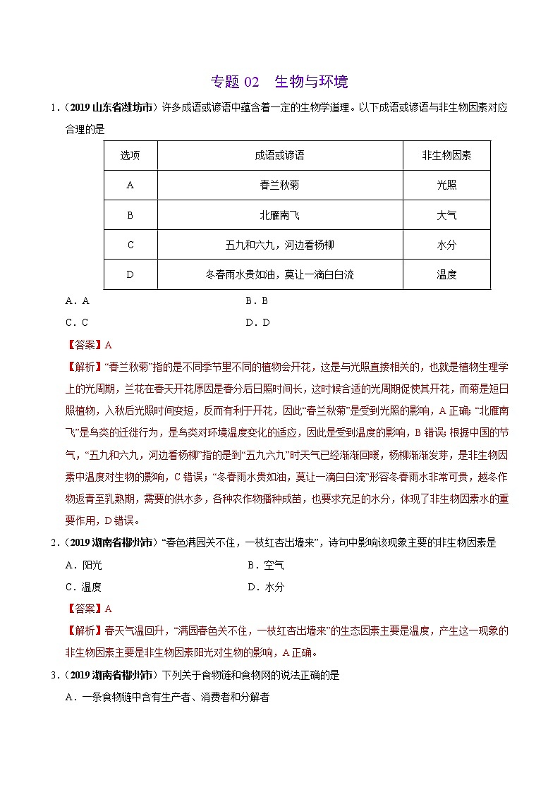 初中生物中考复习 专题02 生物与环境（第01期）-2019年中考真题生物试题分项汇编（解析版）01