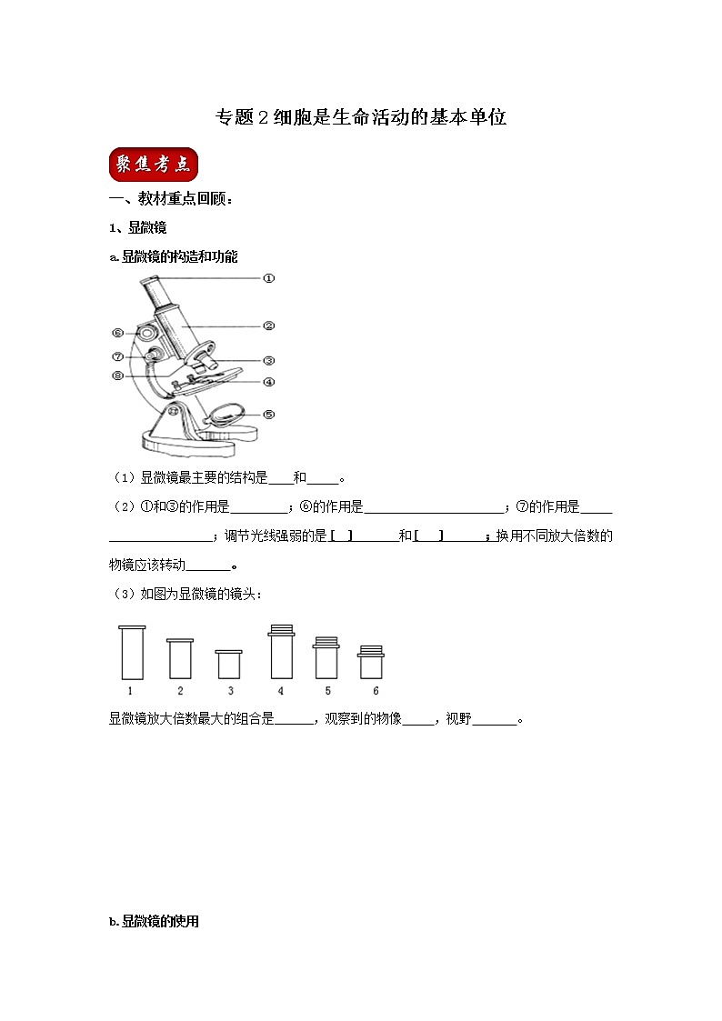 初中生物中考复习 专题02 细胞是生命活动的基本单位（原卷版）第1页