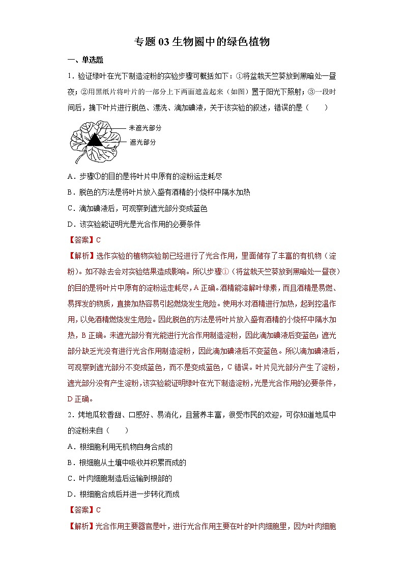 初中生物中考复习 专题03 生物圈中的绿色植物（解析版）第1页